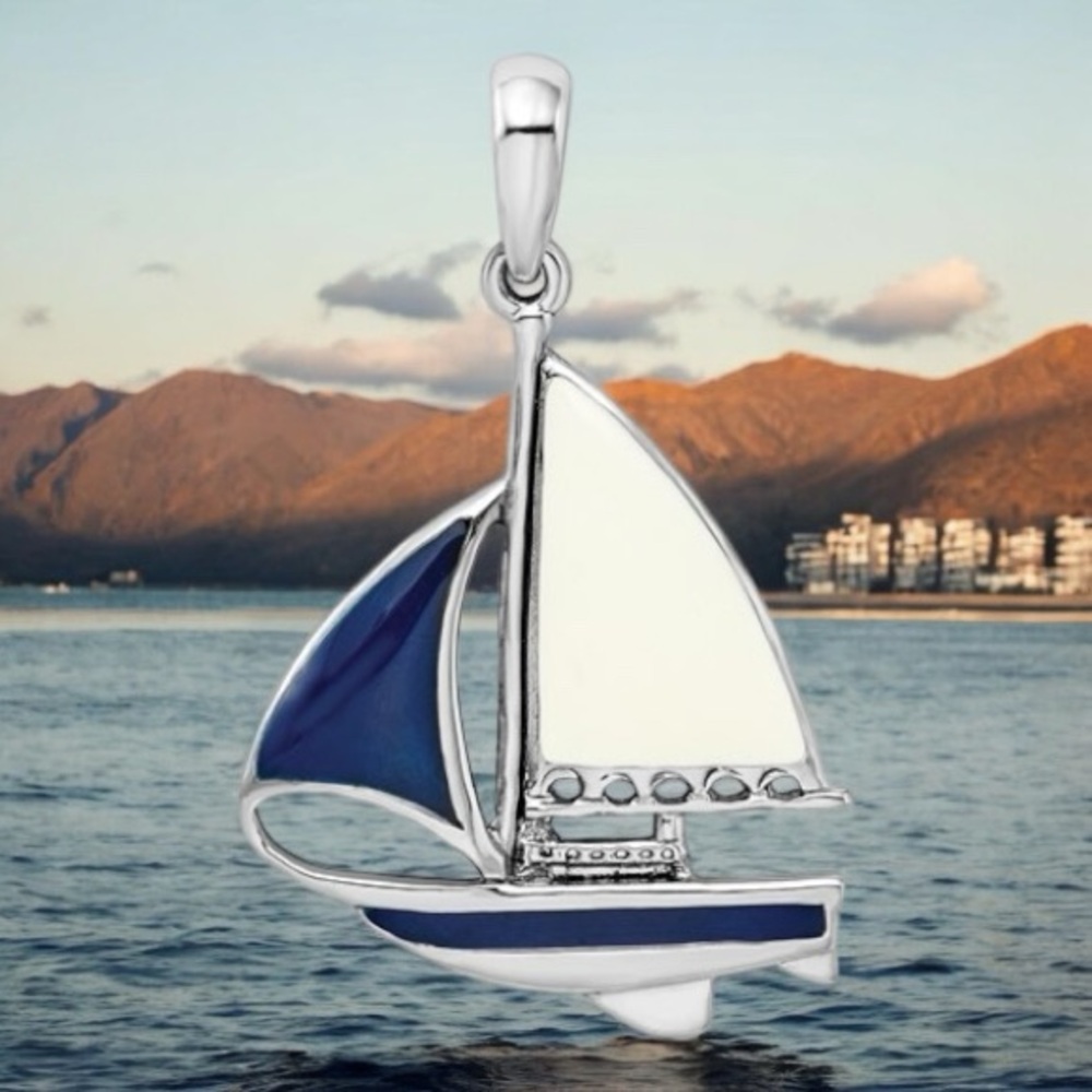 925 Sterling Silver Polished Blue  White Enameled Sailboat Necklace Pendant